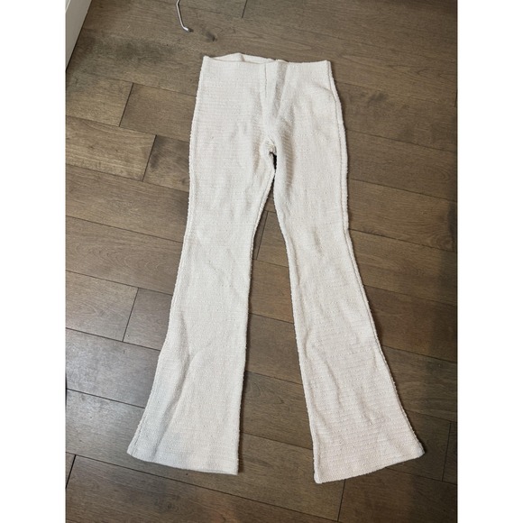 ZARA Pants Womens Medium Ivory Textured Boucle Knit Flare Leg Pull On Lounge - Picture 2 of 7